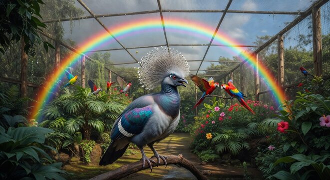 Rainbow Over Aviary A vibrant rainbow arcs over an outdoor aviar