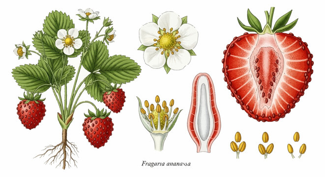 Strawberry Plant Anatomy: Fruit, Flower, and Cross-section Illustration