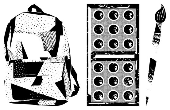 Graphic design elements including backpack with geometric, paint palette with circular wells, and paintbrush with textured bristles. Artistic vector for creative projects.