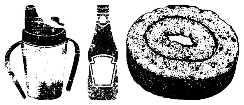 Retro stylized sippy cup, vintage bottle, and cake slice rendered in halftone texture, isolated vector illustrations, flat design with distressed ink effect.
