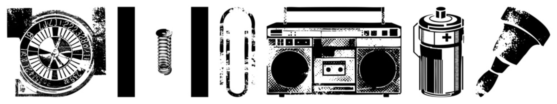 Grungy vector of classic tech and tools roulette wheel, coiled spring, U bolt, boombox, battery, marker. Retro industrial aesthetic, distressed texture, isolated elements.