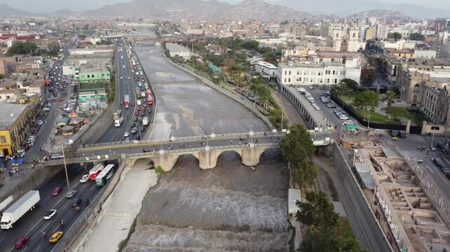 Aerial view of rimac river and via expresa linea amarilla highway in lima