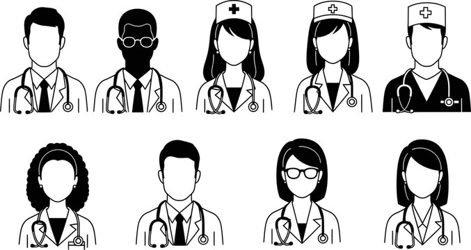 Diverse Medical Professionals Icons Set Vector Illustration Featuring Doctors and Nurses
