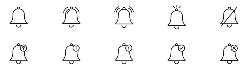Bell notification icon set. Alarm bell icon set for notification and reminder. Alarm symbol. Reminder icon of ringing bells, sign for incoming inbox messages.