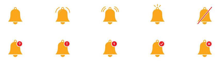 Bell notification icon set. Alarm bell icon set for notification and reminder. Alarm symbol. Reminder icon of ringing bells, sign for incoming inbox messages.