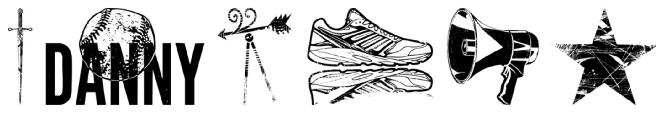 logo design featuring "Danny" with baseball, sword, weather vane, sneakers, megaphone, and star. Vintage distressed style, graphic symbols, isolated elements, vector art.