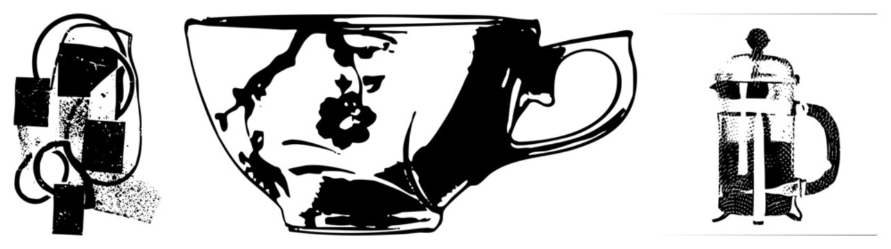 Classic tea infuser with leaves, decorative teacup with motif, French press coffee maker, retro kitchenware, beverage prep tools, stylized vector art.