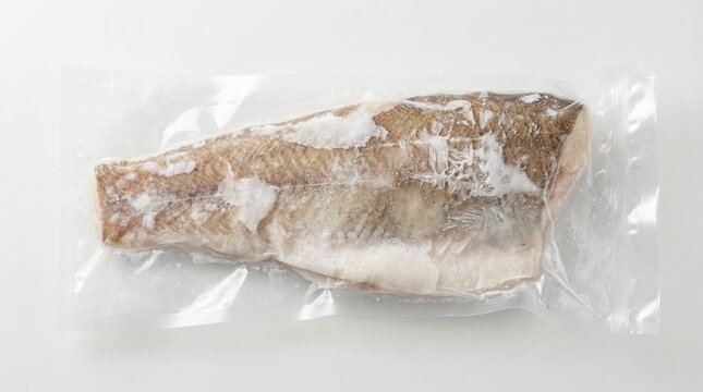 Frozen fish in clear packaging, vacuum sealed fish fillet with plastic packaging for retail background, food storage concept, e-commerce listing image and grocery catalog illustration