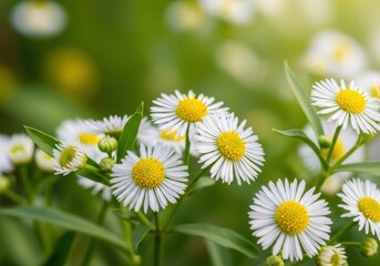 Beautiful white daisies with yellow centers in a green garden © Image Mart