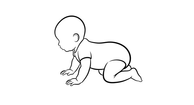 Simple line art illustration of a baby beginning to crawl, depicting early childhood milestones and motor skill development