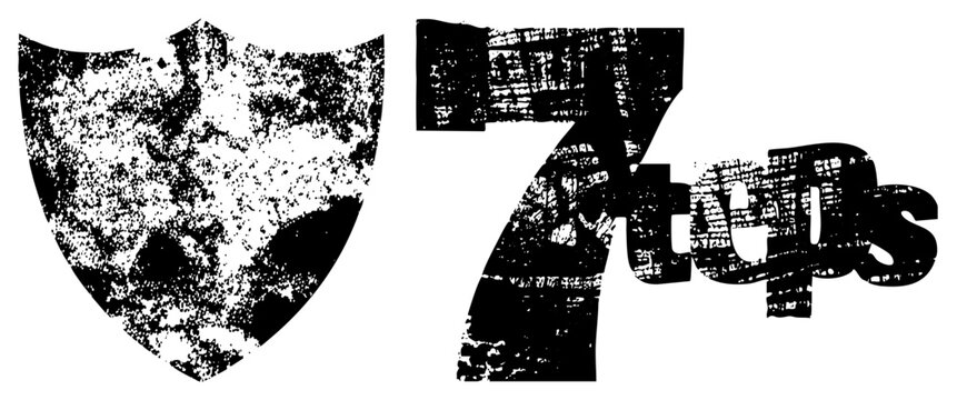 Distressed shield paired with bold "7 Steps" text, gritty halftone effect, vector design, instructional or procedural branding element.