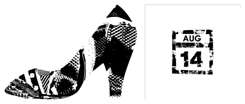 Stylized black and white high heel sandal with halftone texture, paired with distressed calendar stamp &ldquo;AUG 14&rdquo;, graphic design element, fashion illustration, vector art.