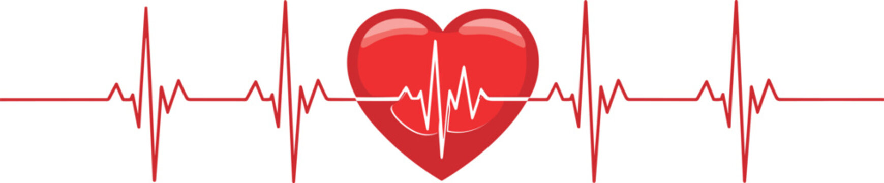 Heartbeat with ECG line vector illustration, medical cardiology design, red heart health symbol, fitness monitoring artwork for wellness graphics