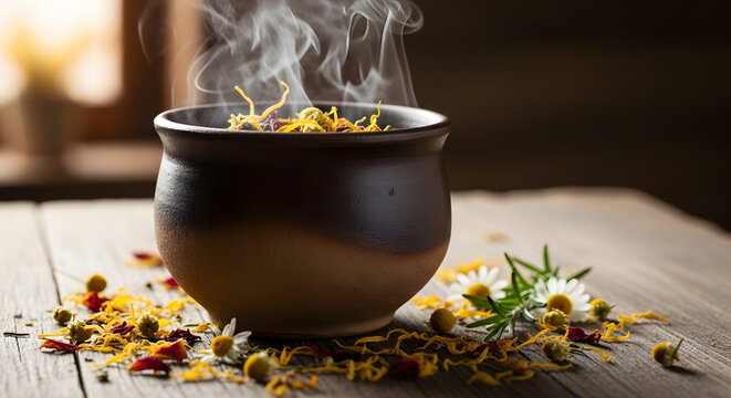 Steaming Herbal Brew in Rustic Clay Pot with Botanicals.