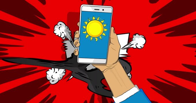 Cartoon Smartphone, comic book Telephone with Sun. Retro animation, comics pop art video.