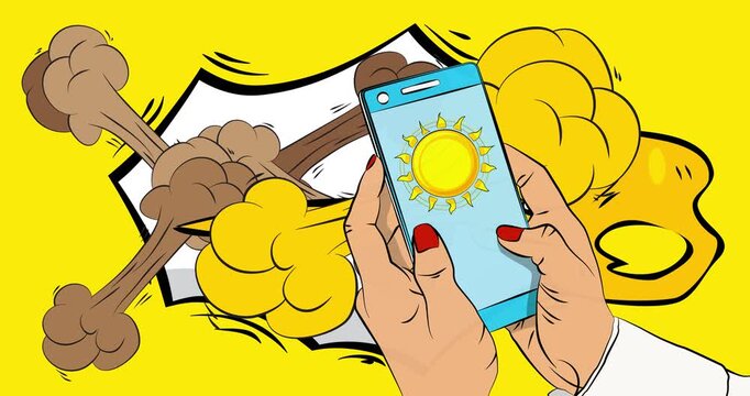 Cartoon Smartphone, comic book Telephone with Sun. Retro animation, comics pop art video.