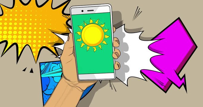 Cartoon Smartphone, comic book Telephone with Sun. Retro animation, comics pop art video.