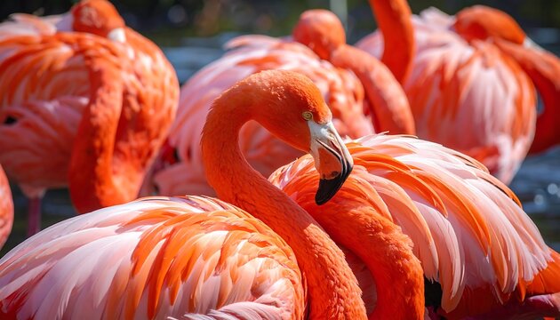 A group of vibrant pink flamingos standing together