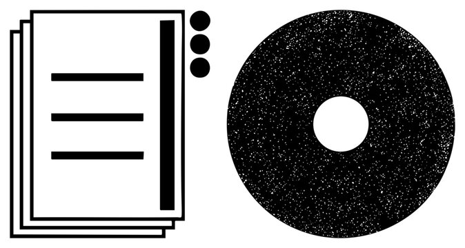 Stacked papers with and dots, halftone textured CD disc, digital, document set, flat vector design.