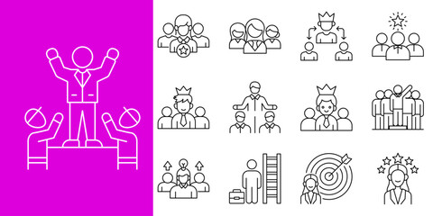 Obraz premium Outline vector icons on leadership, teamwork, career growth, and success. Depicts hierarchy, goal achievement, support, and development in business settings