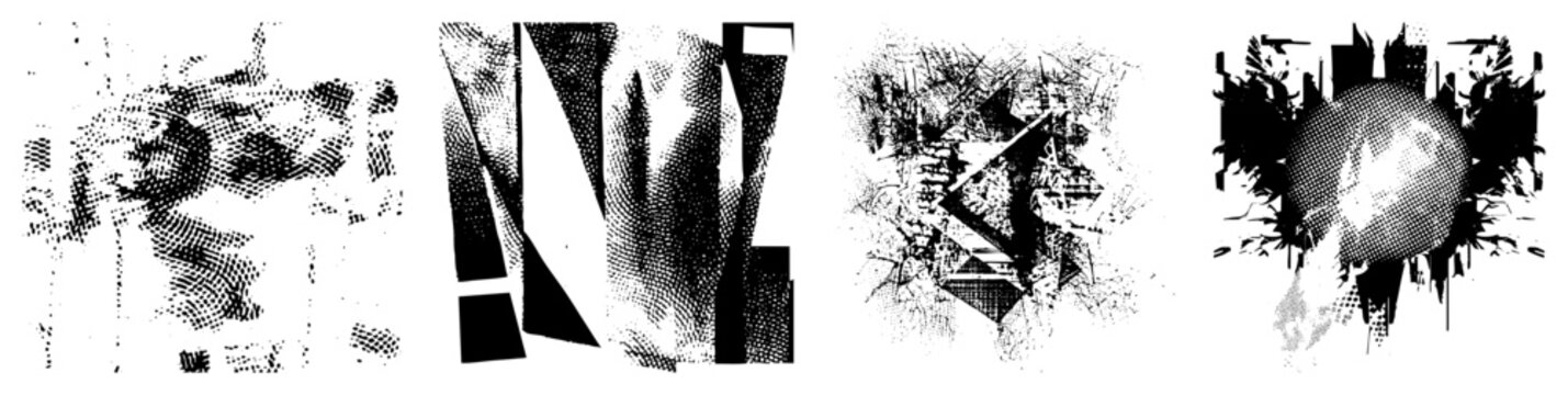 Stylized black and white vector shapes with halftone, fragmented geometry, graphic art, digital abstraction, modern design elements.