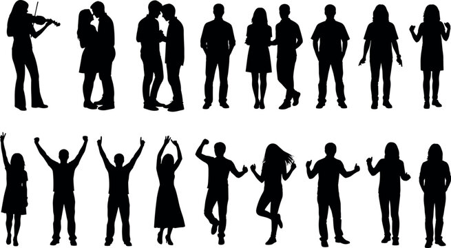 Silhouettes of people vector illustration showing dancing, celebrating, playing music, embracing, gesturing, human expressions, body language, art, design, movement
