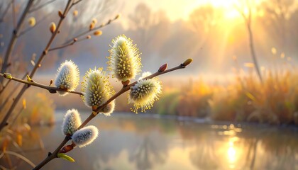 Fototapeta premium A serene landscape with a river at sunrise