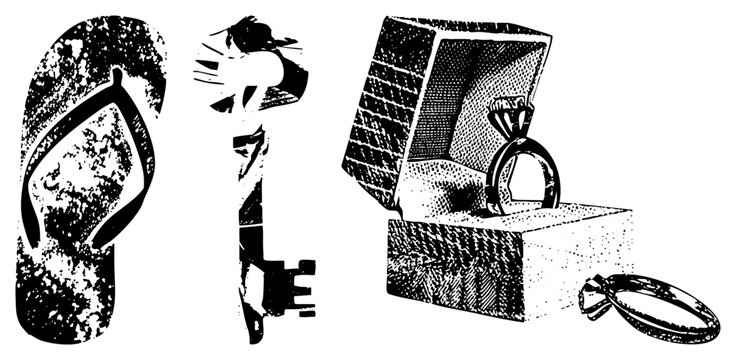 Retro flip flop sandal, old fashioned skeleton key, diamond ring in jeweler&rsquo;s case, decorative bangle bracelet symbols of, access, commitment, and style.