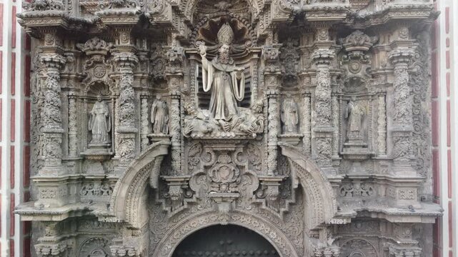 Ornate sculptural facade of the basilica of la merced in lima, peru