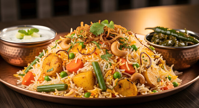 Aromatic Vegetable Biryani with Basmati Rice, Cashews, and Raita