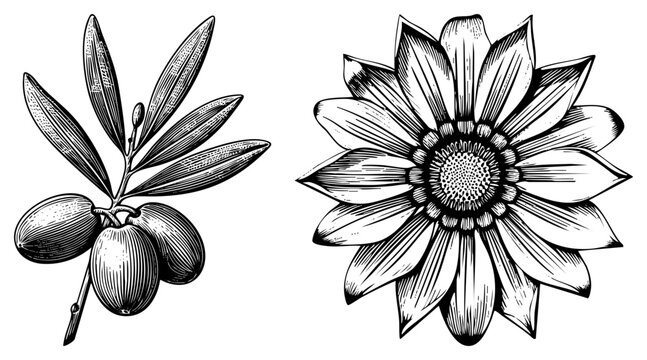 Botanical illustration of olive branch with olives and sunflower, engraved style, vector, rustic botanical art, natural elements.