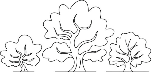 Adobe Illustrator Artline art tree vector illustration featuring three stylized deciduous trees with simple outlines and organic branches.work © Mstsirin