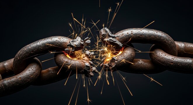 Broken Chain Link with Sparks Flying.