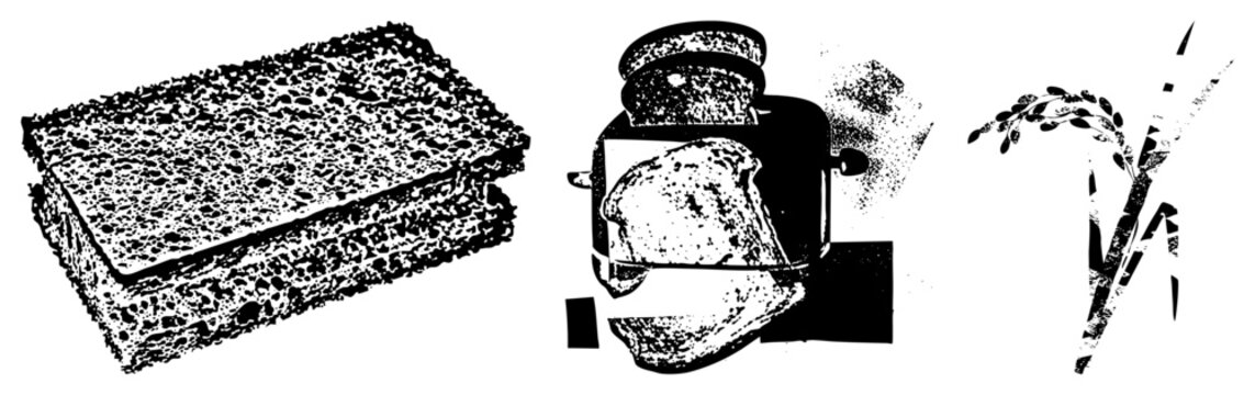 Halftone rendered bread loaf, vintage toaster, rice stalks, vector art, food graphic, isolated food elements, glyph style illustration.