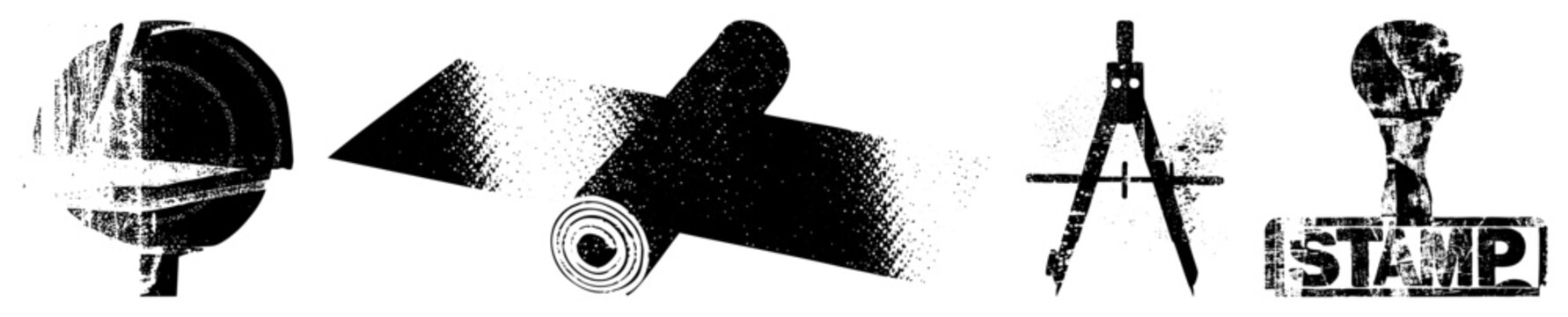 Set of retro styled tools including drafting compass, ink stamp, paper roll, and abstract shapes, halftone texture, design.