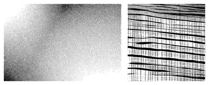 Black and white halftone forming smooth gradient, wavy overlaying dot matrix, vector graphic texture, print design element, digital art background.