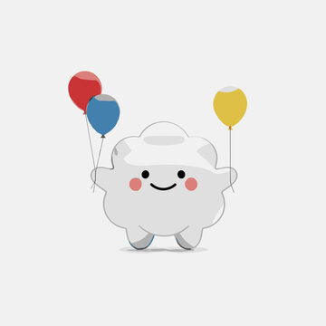 Smiling cartoon cloud holding balloons.