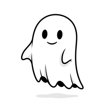 Smiling cartoon ghost character illustration.