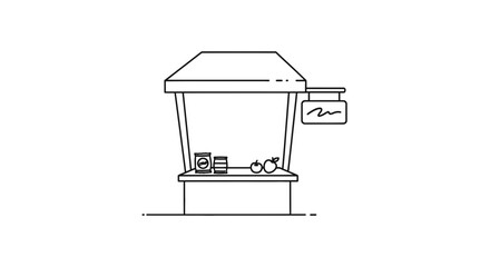 Fototapeta premium Minimalist Outline Illustration of a Market Stall with Produce and Sign