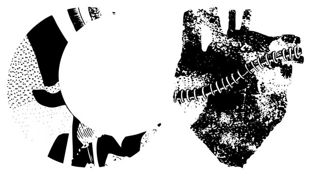 Stylized heart with zipper texture, halftone dot, gear like circular form, vector art, design, graphic illustration.