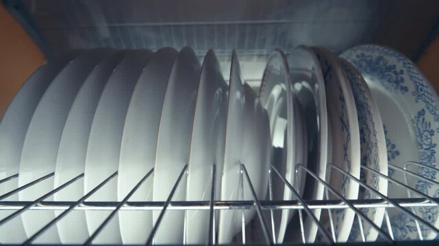 Clean White Ceramic Plates Stored in a Row on Metal Rack Inside Kitchen Cabinet | Patterned Blue Floral Dishes on Wire Shelf | Close-Up Indoor Shot