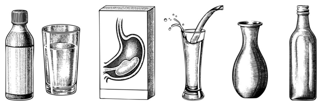 Retro style anatomical diagram of stomach inside box, paired with vintage bottles, glasses, and pouring drink. Medical education, digestive system, historical illustration, antique engraving.