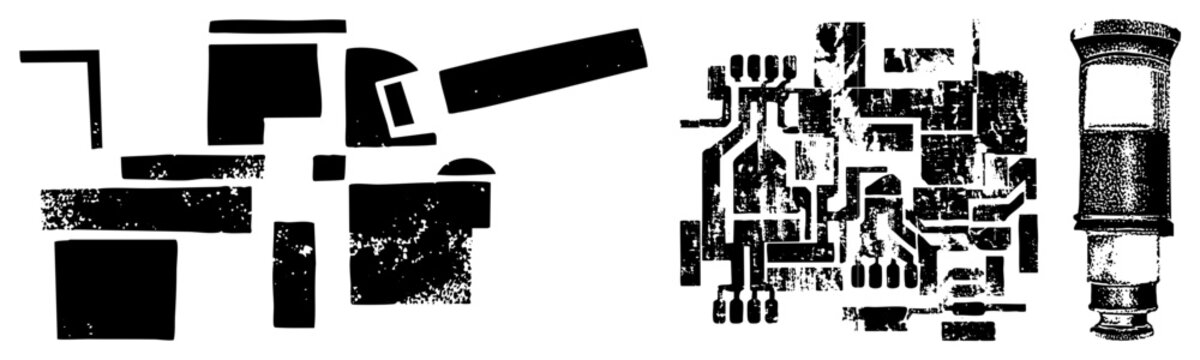 Stylized black geometric forms with grunge texture, abstract composition, vintage microscope illustration, graphic design elements, vector art.