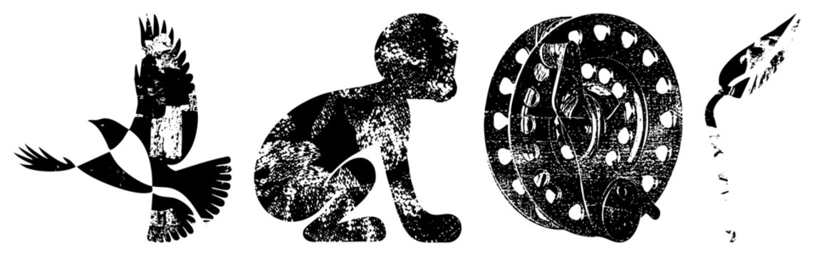 Abstract black and white vector bird with checkered wings, crouching human form, spool with holes, feather quill all rendered with distressed texture, ideal for graphic design or branding.