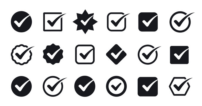 Tick icon set with checkmarks and approve symbols for survey validation, app notifications, feedback control, and status confirmation