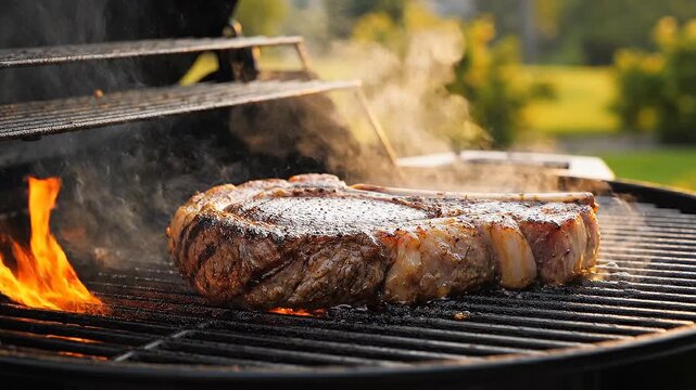 Thick bone-in ribeye steak searing over large orange flames on an outdoor grill during golden hour.