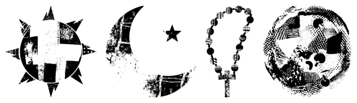 Islamic and star, rosary with, Eastern Orthodox sunburst, Catholic monstrance with halftone, gritty vector art, spiritual emblems, religious artifacts.