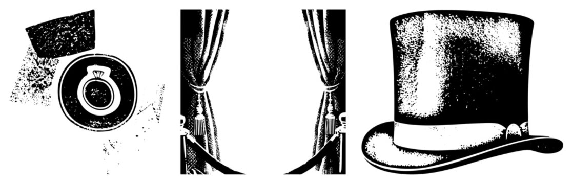 Antique engagement ring resting on velvet, ornate curtain tiebacks with tassels, dapper top hat with band, all in halftone vector style, isolated elements for design use.