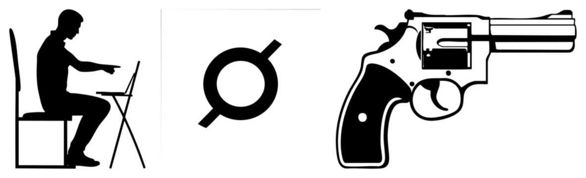 Black vector seated man gesturing at laptop, magnifying glass symbol, revolver pistol. Flat design, isolated elements, no background.