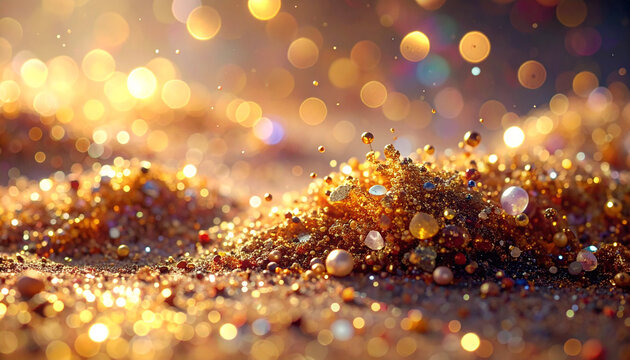 Abstract golden glitter background with bokeh effect and light reflections